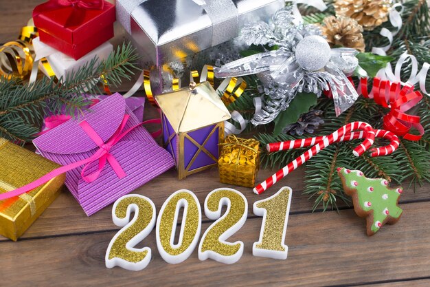 Merry Christmas and Happy New Year concept with gifts and Christmas decorations