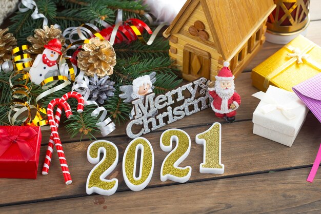 Merry Christmas and Happy New Year concept with gifts and Christmas decorations