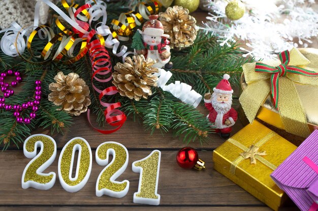 Merry Christmas and Happy New Year concept with gifts and Christmas decorations