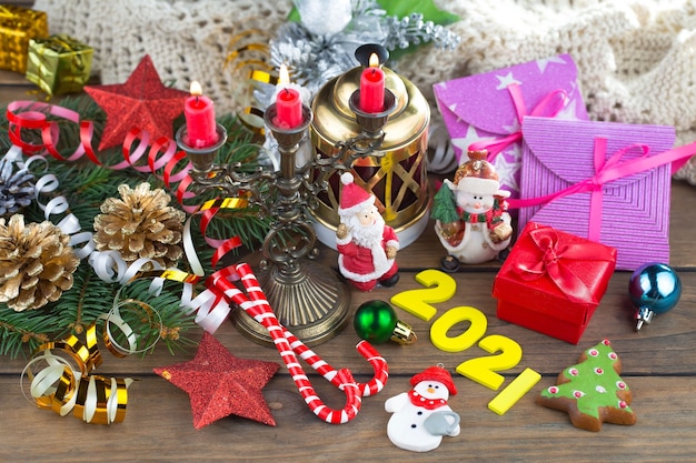 Merry Christmas and Happy New Year concept with gifts and Christmas decorations