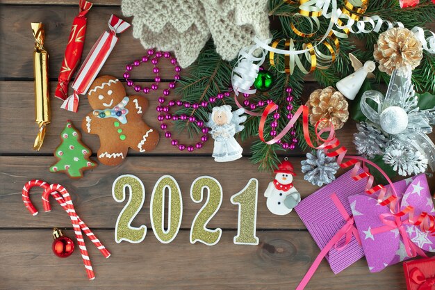 Merry Christmas and Happy New Year concept with gifts and Christmas decorations