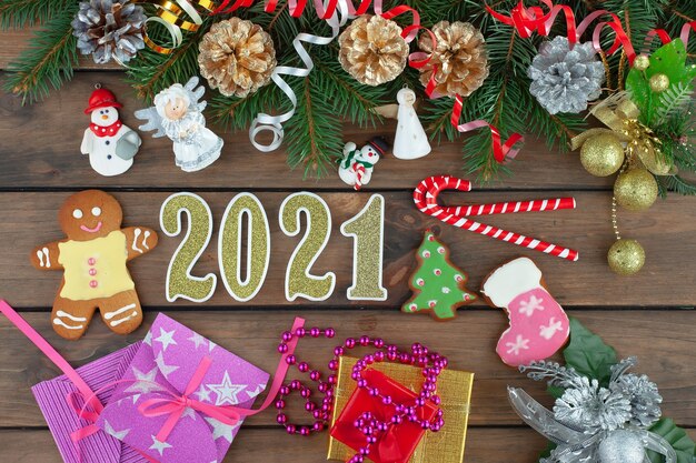 Merry Christmas and Happy New Year concept with gifts and Christmas decorations