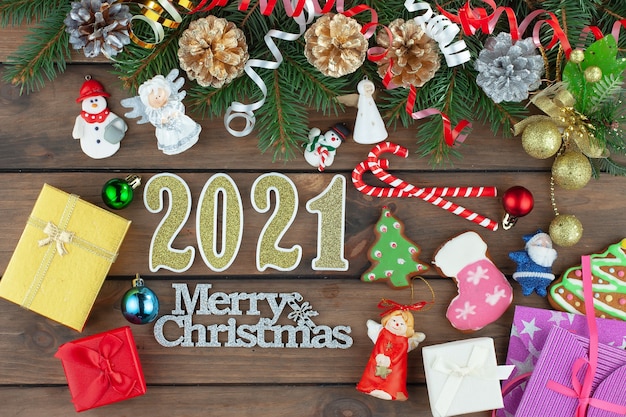 Merry Christmas and Happy New Year concept with gifts and Christmas decorations