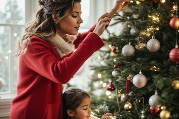 Merry Christmas and Happy New Year Cute little girl and her beautiful mom in Santa hats are smiling