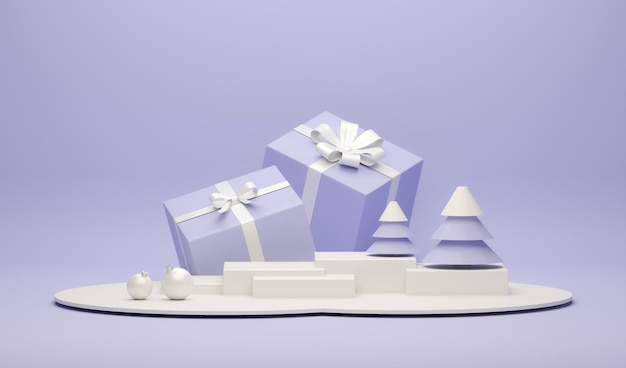 メリークリスマスと新年あけましておめでとうございます 現実的なクリスマスツリーと大きなギフトボックス