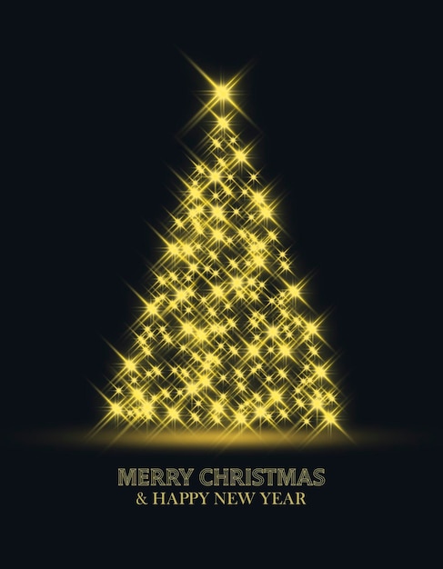 Photo merry christmas happy new year golden sparkles christmas tree background close up