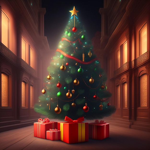 Merry christmas and happy new year greeting card with christmas tree and gift box Ai generated