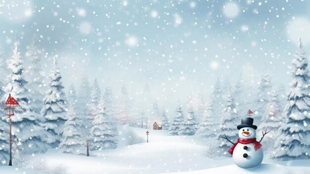 Merry christmas and happy new year greeting card with copyspaceHappy snowman standing in christmas landscapeSnow backgroundWinter fairytale