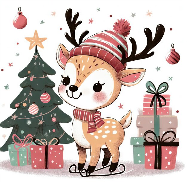 Merry christmas and happy new year greeting card with cute deer holiday cartoon character in winter