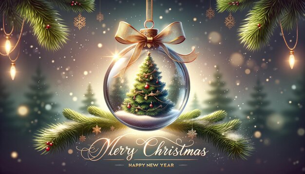 Merry Christmas and Happy New Year greeting card with glass ball with christmas tree