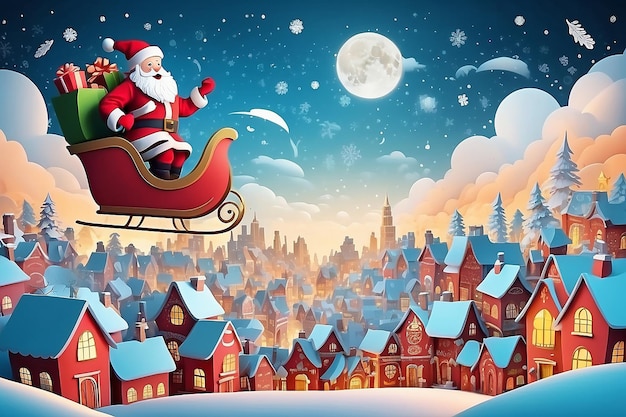 クリスマスおめでとう新年おめでと サンタクロースが空から街にやってくるイラスト 紙アートとデジタルクラフトスタイル