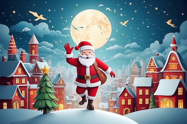Merry Christmas and Happy New Year Illustration of Santa Claus on the sky coming to City paper art and digital craft style