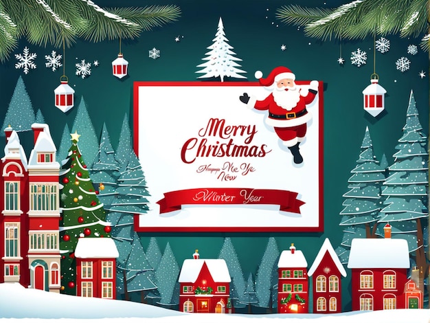 Merry Christmas and Happy New Year Vector illustrations of Santa Claus winter forest city street