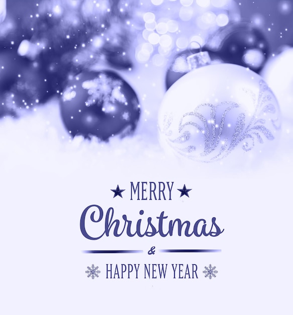 Merry Christmas and Happy New Year, very peri, Color of the year, 2022, blue, purple, Holidays greeting card with blurred bokeh background.