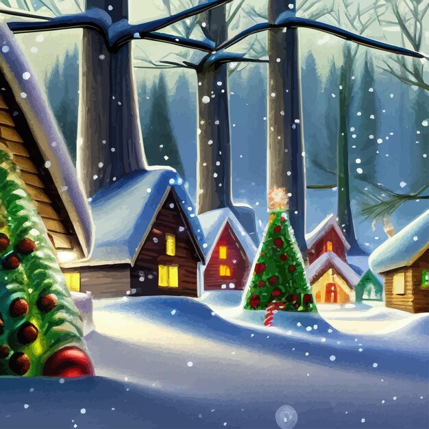 Merry Christmas and Happy New Year Winter forest city street with houses in the snow frame