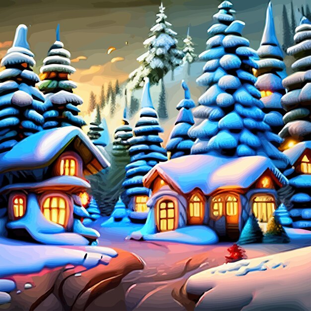 Merry Christmas and Happy New Year Winter forest city street with houses in the snow frame