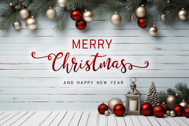 Merry Christmas and Happy New Year wishes with Christmas decorations background Season's greetings