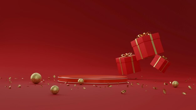 Merry christmas and happy new year with pedestal blank decorated with balls gift boxes 3d rendering