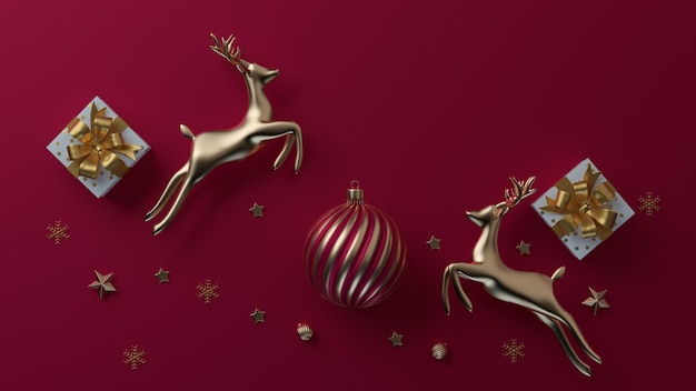 Merry Christmas and Happy New Year. Xmas Festive background with realistic objects. Holiday elements, 3d render and realism. Greeting card, banner, web poster.