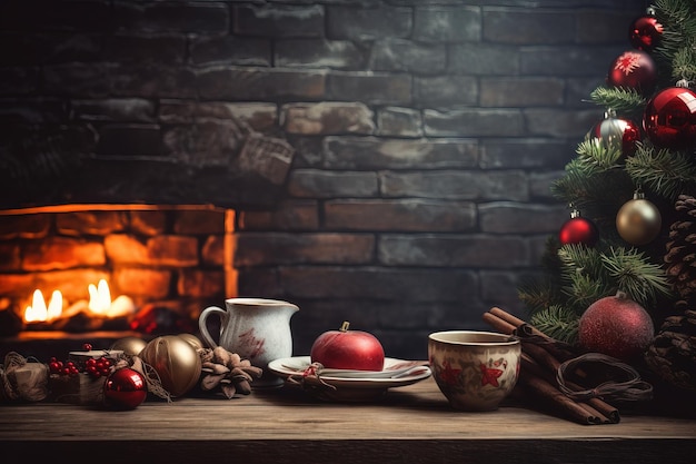 Merry Christmas Kerstdiner thuis met kerstboom en cadeautjes Generatieve AI
