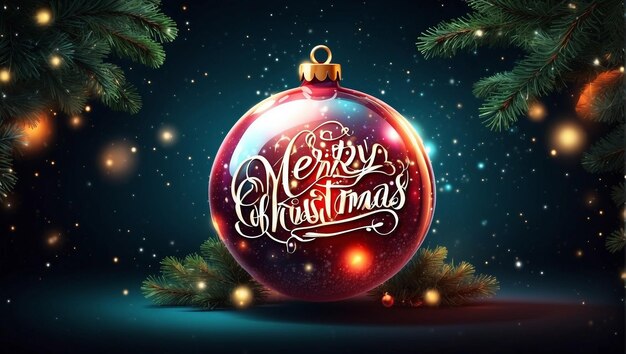 Photo merry christmas lettering with glows and a christmas ball background with a christmas tree