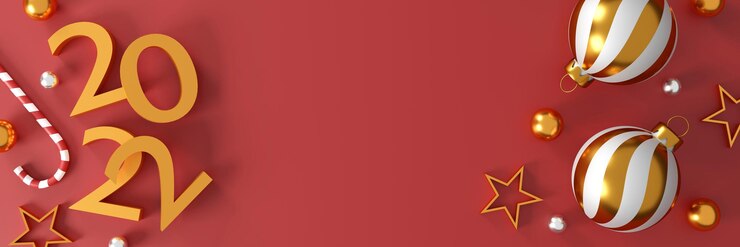 Photo merry christmas and new year 2022 presents concept. red gift boxes, golden ball,  golden star, 2022 3d text and christmas decor on red background. top view. flat lay. 3d illustration