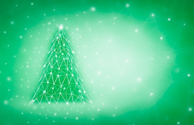 Merry Christmas and New Year design with low poly Christmas tree. Holiday card made by points and lines.