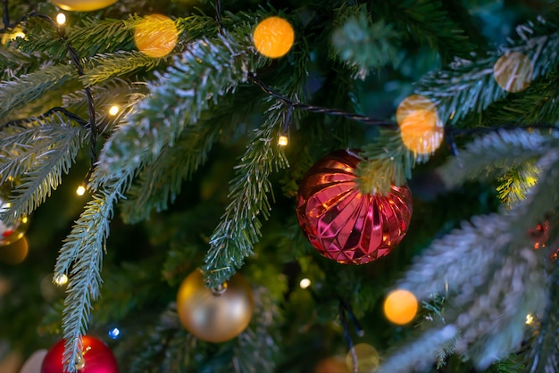 Merry Christmas and New Year holidays background. Beautiful decorated christmas tree.