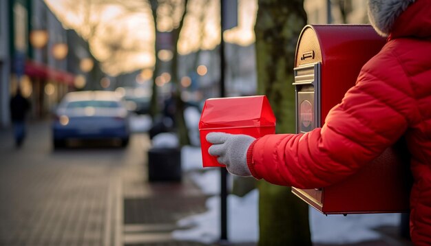 写真 メリークリスマス・ニューイヤー写真 赤いメールボックスで新年のプレゼントのメールを受け取って送る