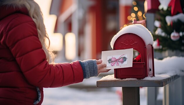 写真 メリークリスマス・ニューイヤー写真 赤いメールボックスで新年のプレゼントのメールを受け取って送る