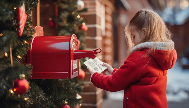 写真 メリークリスマス・ニューイヤー写真 赤いメールボックスで新年のプレゼントのメールを受け取って送る