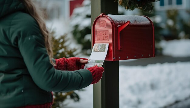 写真 メリークリスマス・ニューイヤー写真 赤いメールボックスで新年のプレゼントのメールを受け取って送る