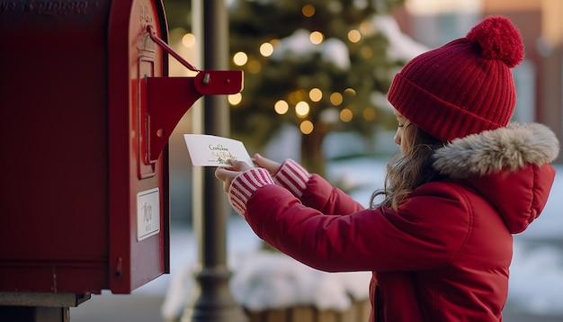 写真 メリークリスマス・ニューイヤー写真 赤いメールボックスで新年のプレゼントのメールを受け取って送る