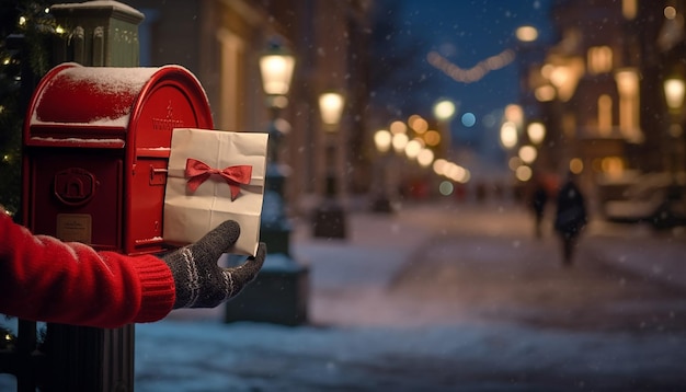 Рождественская фотография Красный почтовый ящик для получения и отправки новогодних подарков