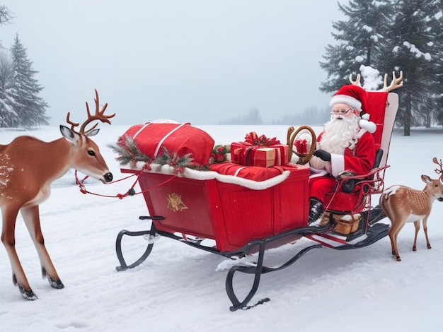 写真 メリークリスマス サンタクロースと鹿とギフトボックス 鹿のチーム