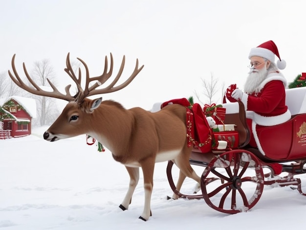 写真 メリークリスマス サンタクロースと鹿とギフトボックス 鹿のチーム