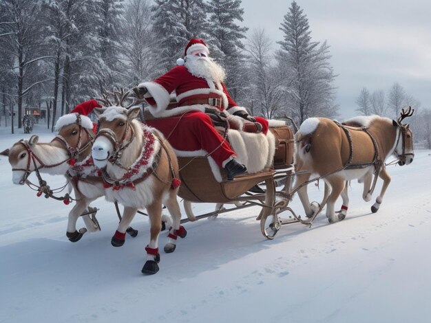 写真 メリークリスマス サンタクロースと鹿とギフトボックス 鹿のチーム