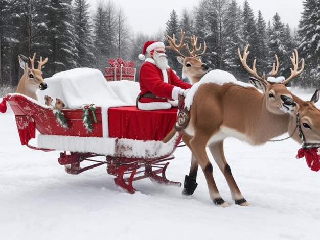 Foto buon natale foto di babbo natale con cervi e scatola regalo una squadra di renne