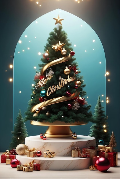 Merry Christmas product display podium with pine tree and decoration