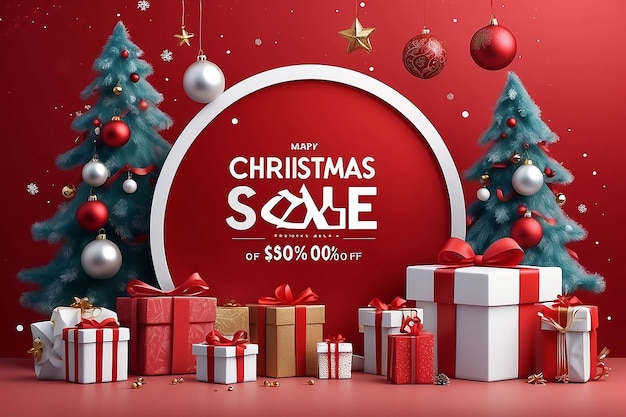 Photo merry christmas sale promotion poster banner with product display and festive decoration red background