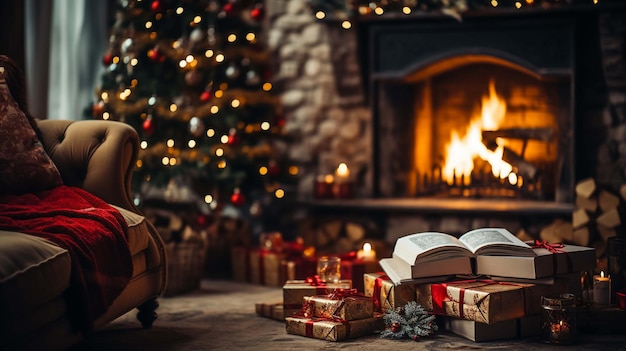 Счастливого Рождества Стильный рождественский подарок вблизи на фоне украшенного дерева золотых огней и