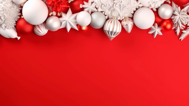Merry Christmas teken vaandelframe met lege ruimte en feestelijke decoratie op rode achtergrond Generatieve AI