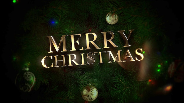 写真 メリークリスマスのテキスト、カラフルなボールと光沢のある背景の緑の木の枝。冬休みのための豪華でエレガントなダイナミックスタイルustrati3dillon