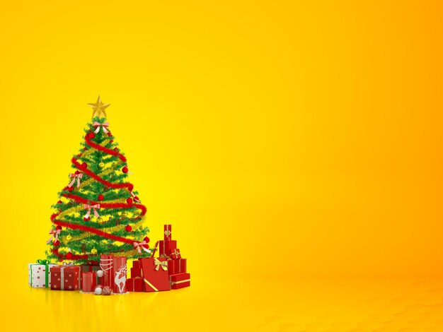 Merry Christmas tree and happy new year gift concept banner Yellow color background.3d rendering