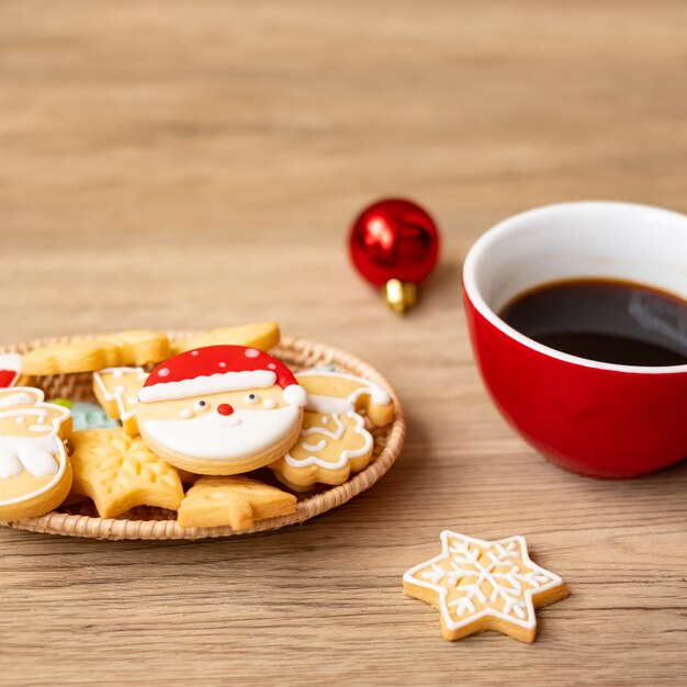 Buon natale con biscotti fatti in casa e tazza di caffè sul fondo della tavola in legno. vigilia di natale, festa, vacanza e concetto di felice anno nuovo