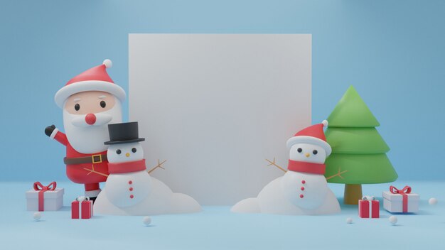 Buon natale con spazio per il testo, feste di natale con babbo natale, pinguino, pupazzo di neve per la cartolina di natale