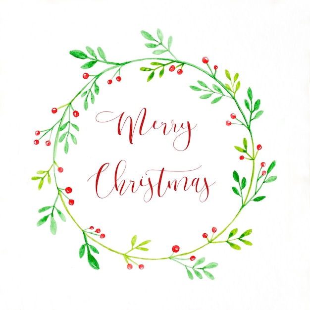 Photo merry christmas wreath watercolor drawing on white paper background.