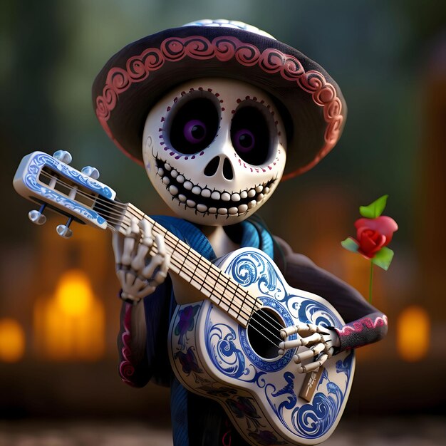 Merry fairy tale skeleton with guitar in hand on blurred background For the day of the dead and Halloween