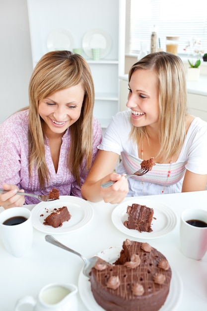 キッチンでチョコレートケーキを食べているメリーの女性の友達