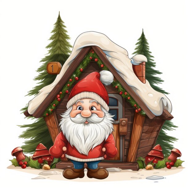 Merry Gnome Spreading Christmas Magic Outside a Enchanting Log Cabin Vector Illustration on White